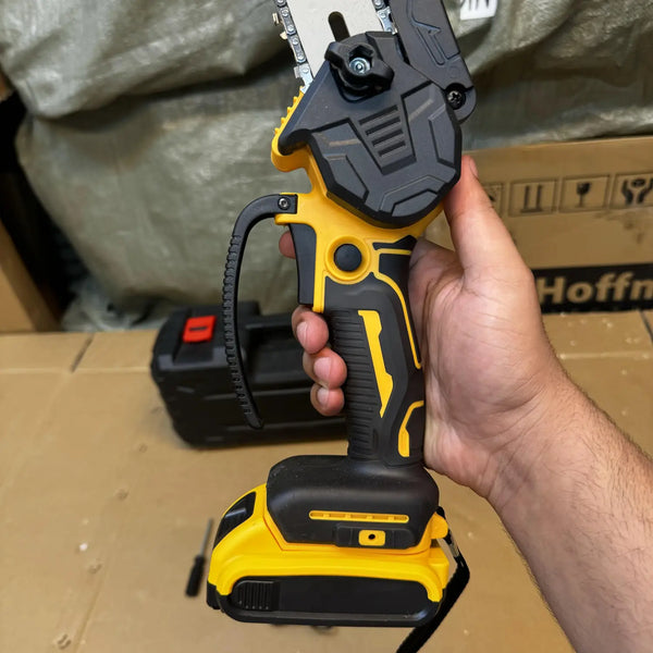 Yellow and black SwiftCut Rechargeable Chainsaw mini chainsaw with battery and carrying case