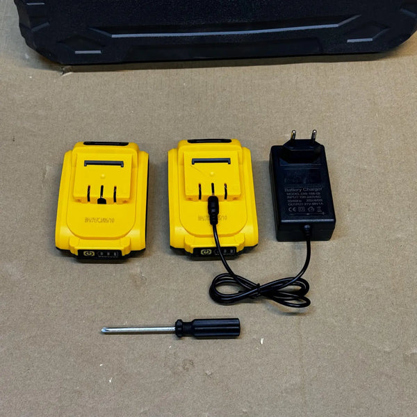 Yellow power tool batteries with charger and screwdriver for SwiftCut Rechargeable Chainsaw