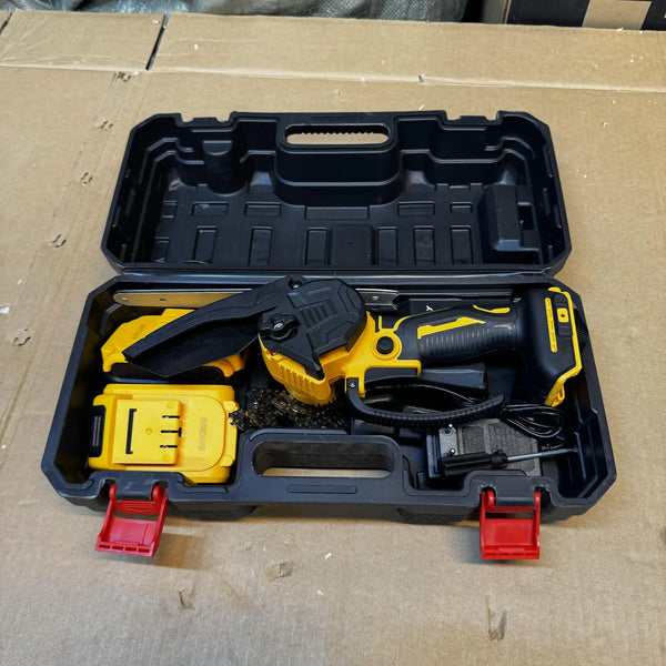 Yellow and black SwiftCut Rechargeable Chainsaw with battery, charger, and carrying case