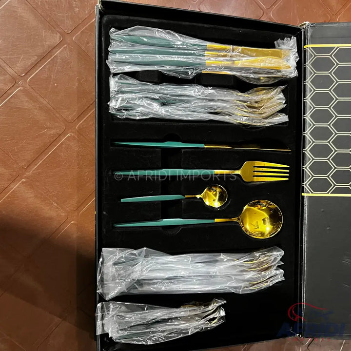 24 Piece Luxury Stainless Steel Cutlery Set High Quality Lot Import Green Golden