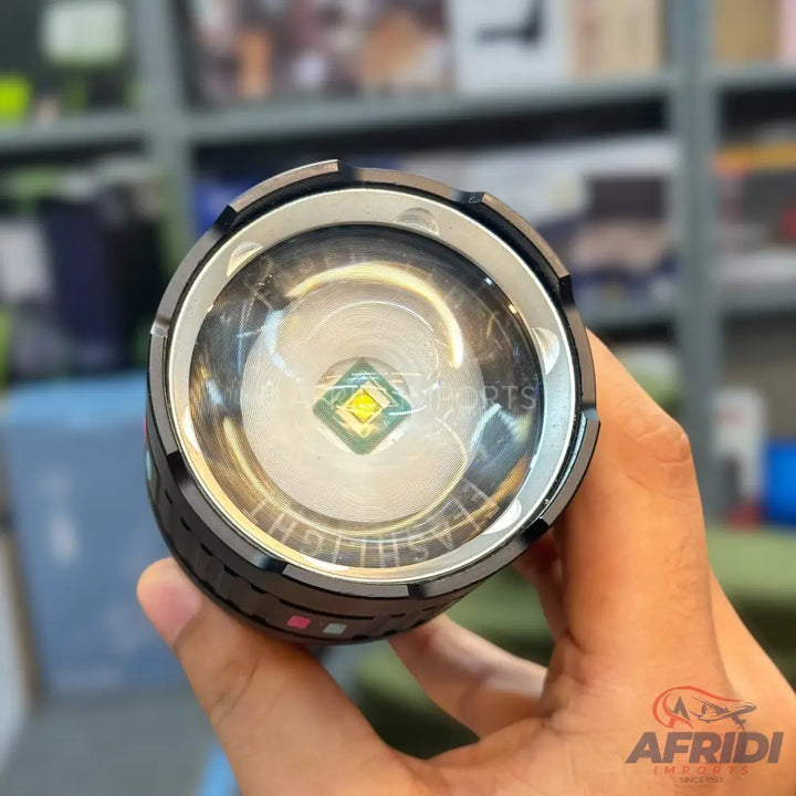 A powerful, handheld LED flashlight with a focused beam.