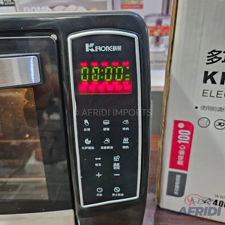 Black digital electric oven with various cooking functions.