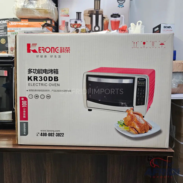 A red and silver electric oven with a glass door, capable of roasting.
