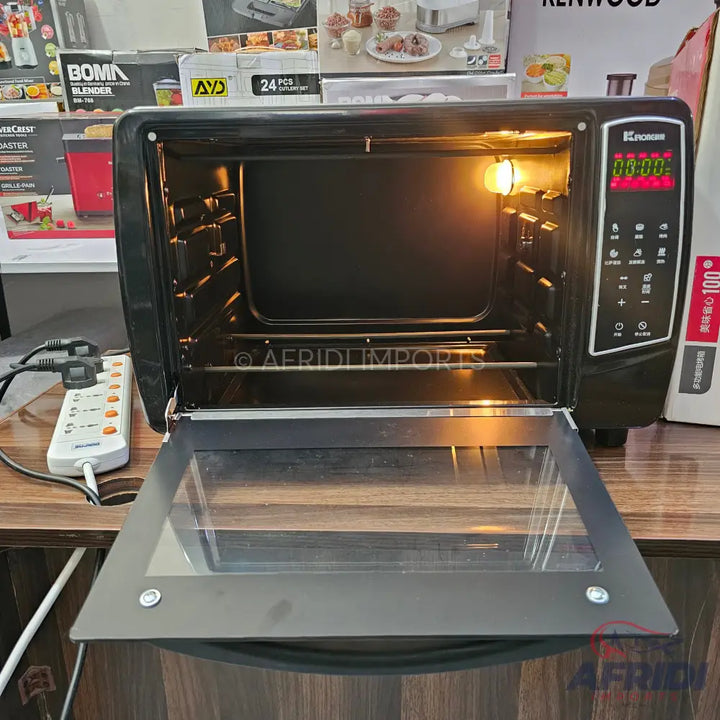 Black electric oven with an open glass door and digital controls.