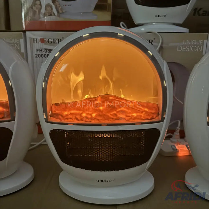 White electric fireplace heater with a curved screen displaying realistic flames and glowing logs.
