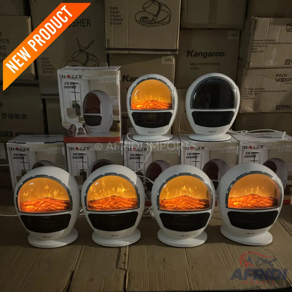 White electric fireplace heaters with a faux flame effect.