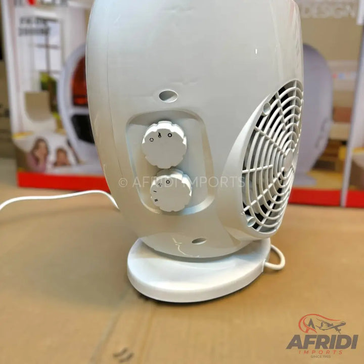 White electric fan heater with two control knobs and a side air vent.