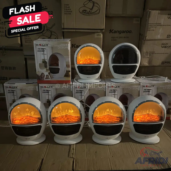 White electric fireplace heaters with a faux flame effect.