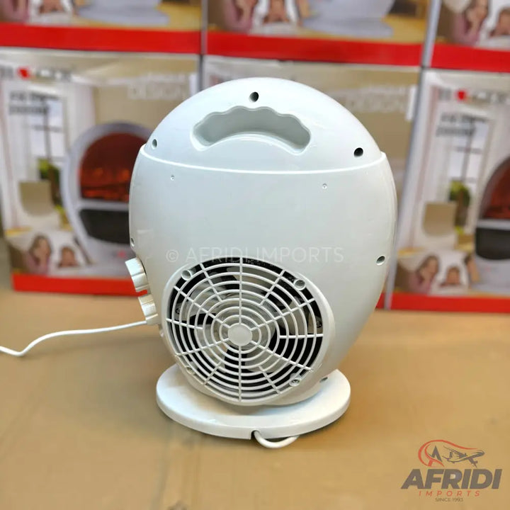 White, egg-shaped electric heater with a front fan grill and top handle.