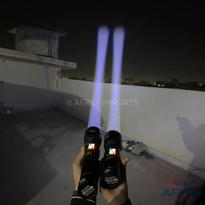 Two handheld flashlights emitting bright blue beams.