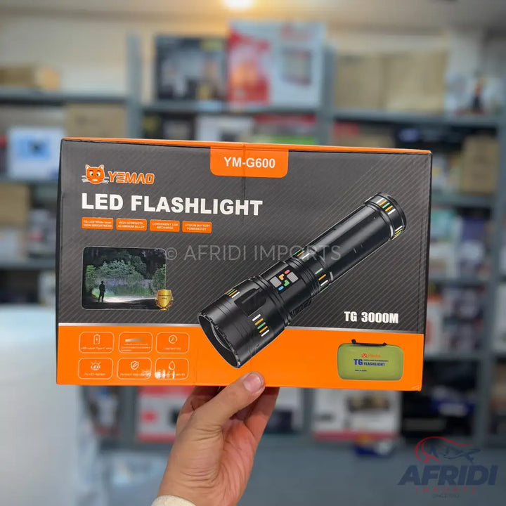 Black LED flashlight in a branded box.