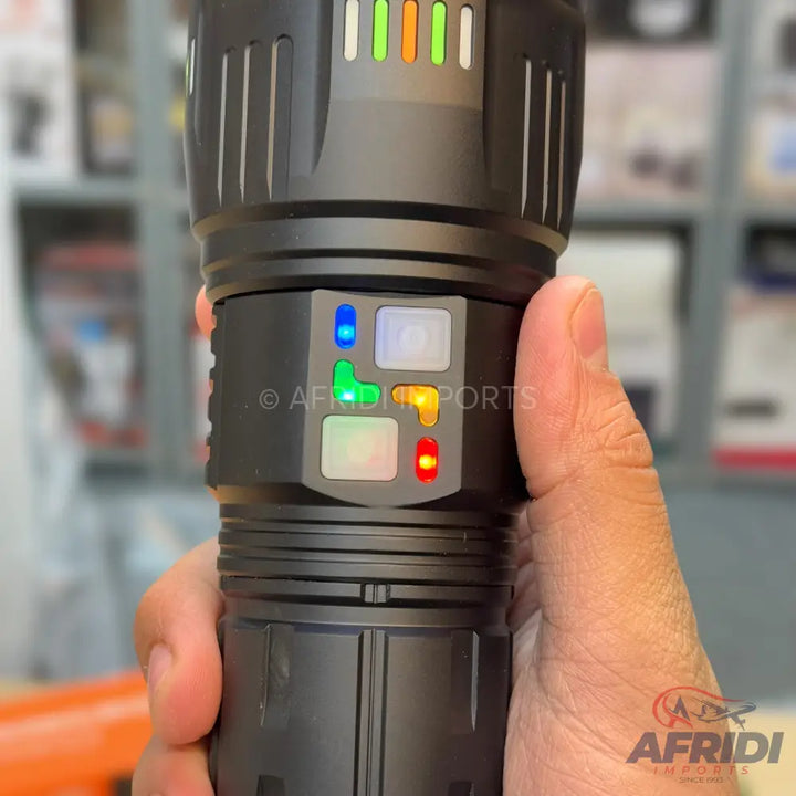 A black tactical flashlight with multiple colored indicator lights and a ’Flash Sale Special Offer’ sticker.