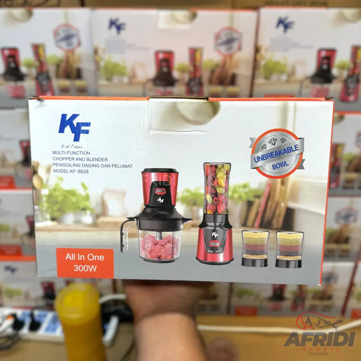A red and black multi-function chopper and blender set with an unbreakable bowl and an ’all in one’ 300W design.