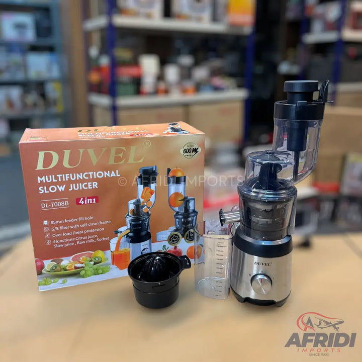 Duvel multifunctional slow juicer with an accompanying box and accessories.