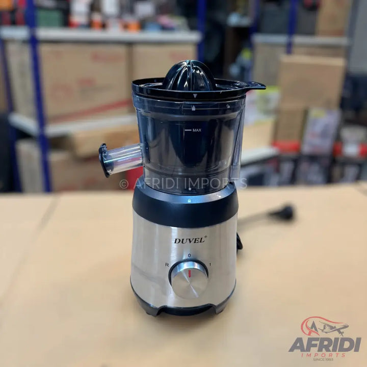 Stainless steel and black electric juicer with a clear pulp container.