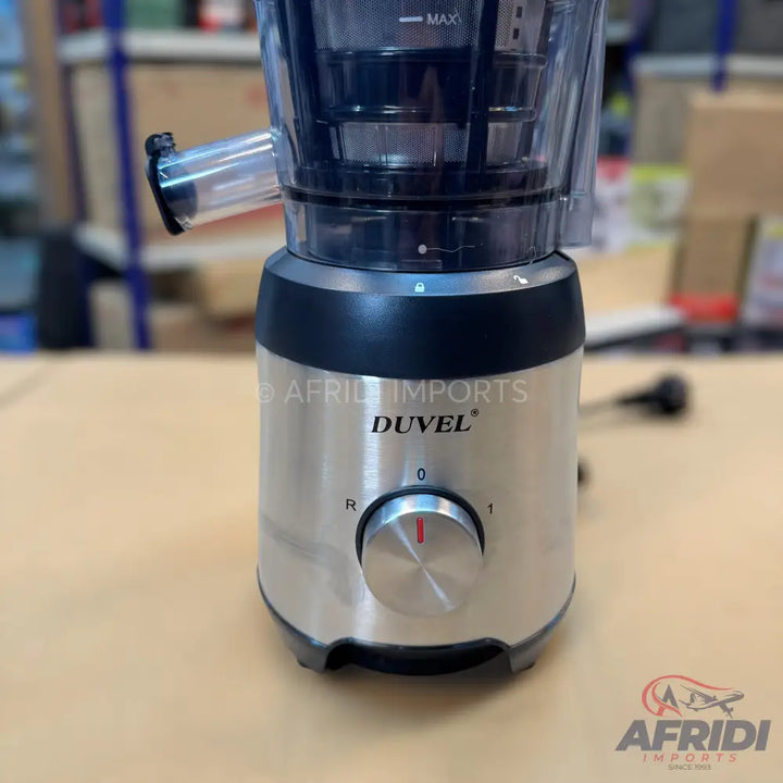 Stainless steel and black countertop juicer with a clear pulp container.