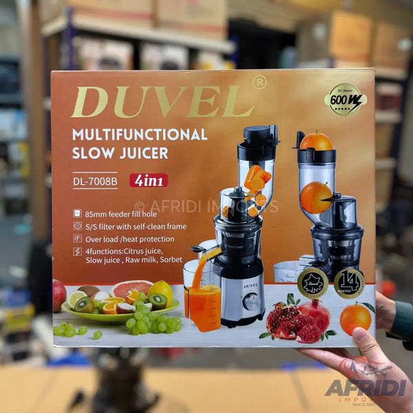 A ’Duvel Multifunctional Slow Juicer’ with a 600W motor, model DL-7008B, featuring an 85mm feeder fill hole, S/S filter with self-clean frame, overload/heat protection, and 4 functions (Citrus juice, Slow juice, Raw milk, Sorbet).