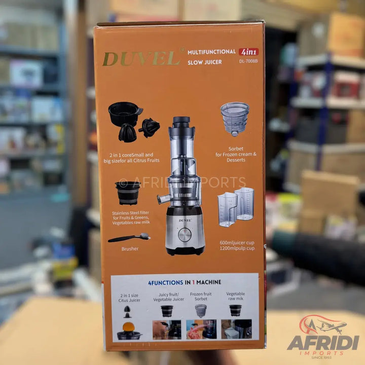 A multifunctional 4-in-1 slow juicer with citrus juicer, sorbet maker, and vegetable milk filter.