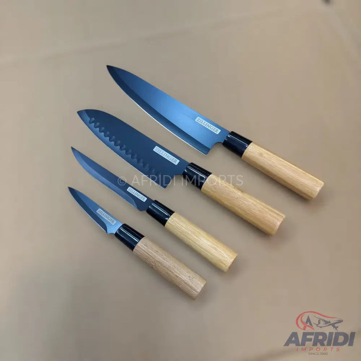 A set of four kitchen knives with black blades and light-colored wooden handles.