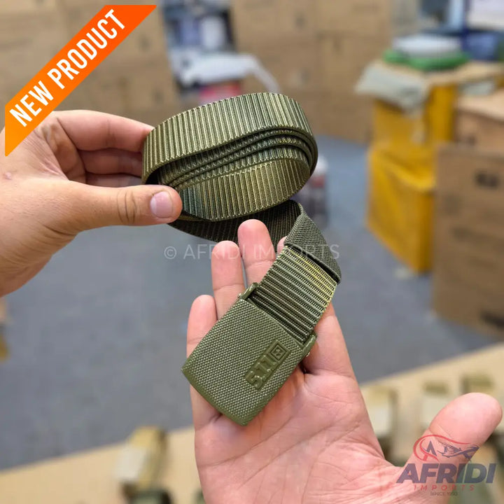 Olive green tactical belt with a metallic buckle.