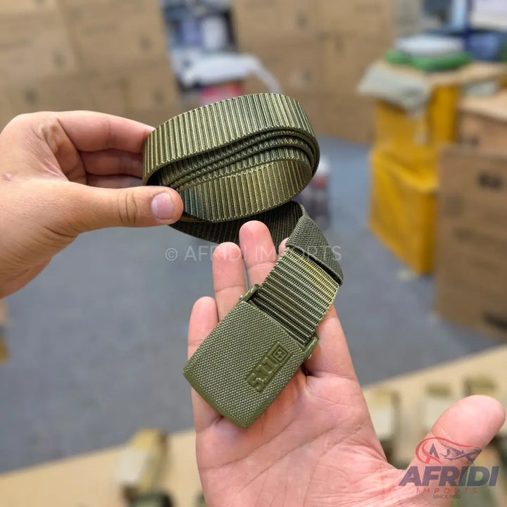 Olive green tactical belt with a metallic buckle.