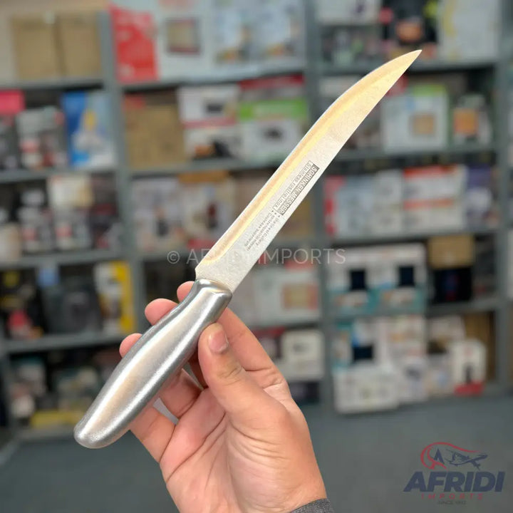 Stainless steel boning knife with a curved blade and an ergonomic handle.