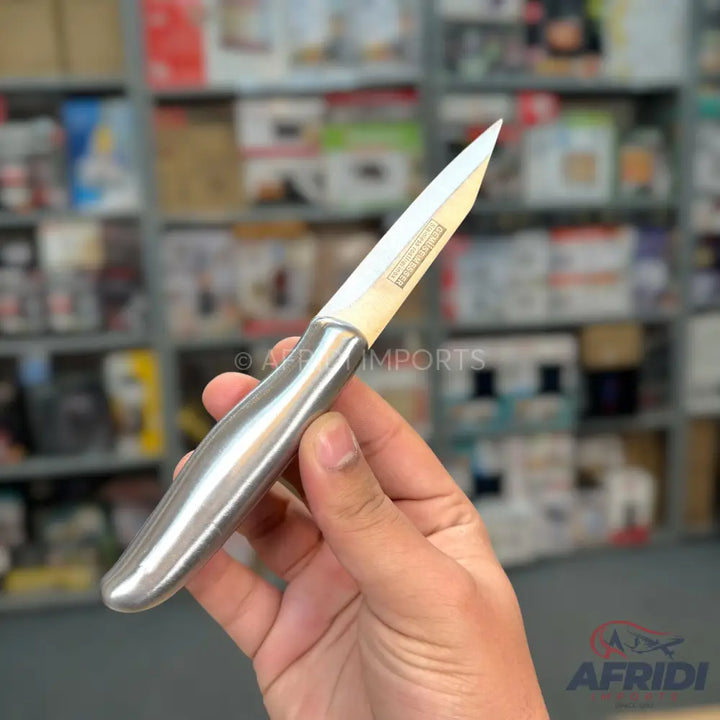 A stainless steel paring knife with a polished, ergonomic handle and a sharp, pointed blade.