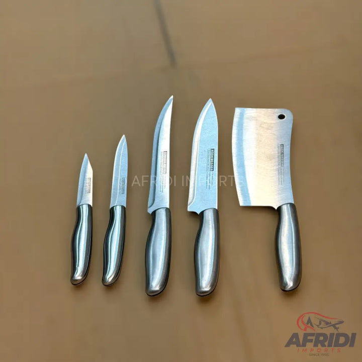A set of five stainless steel kitchen knives with matching handles, including a cleaver.