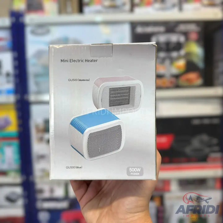 Box for a 500W mini electric heater, available in pink and blue.