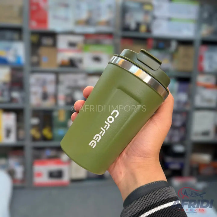 Olive green insulated coffee mug with a flip-top lid.