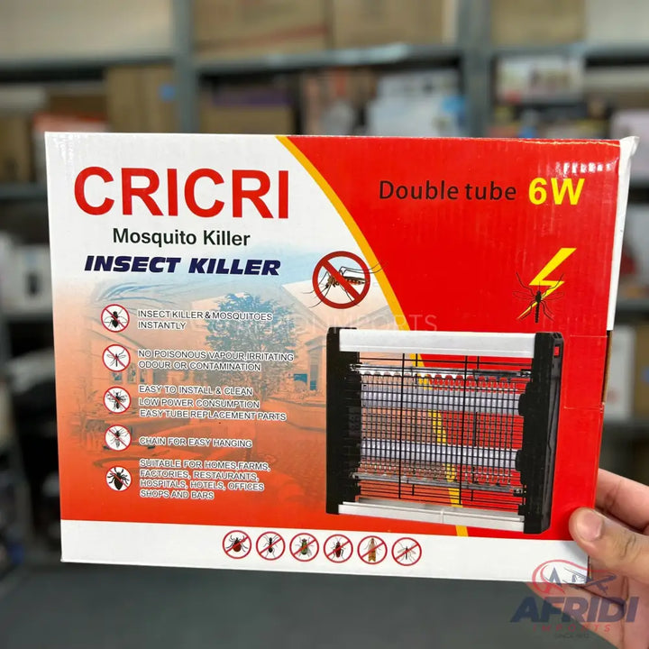 A boxed electric insect killer with a double tube, 6W power, and features for easy installation and maintenance.