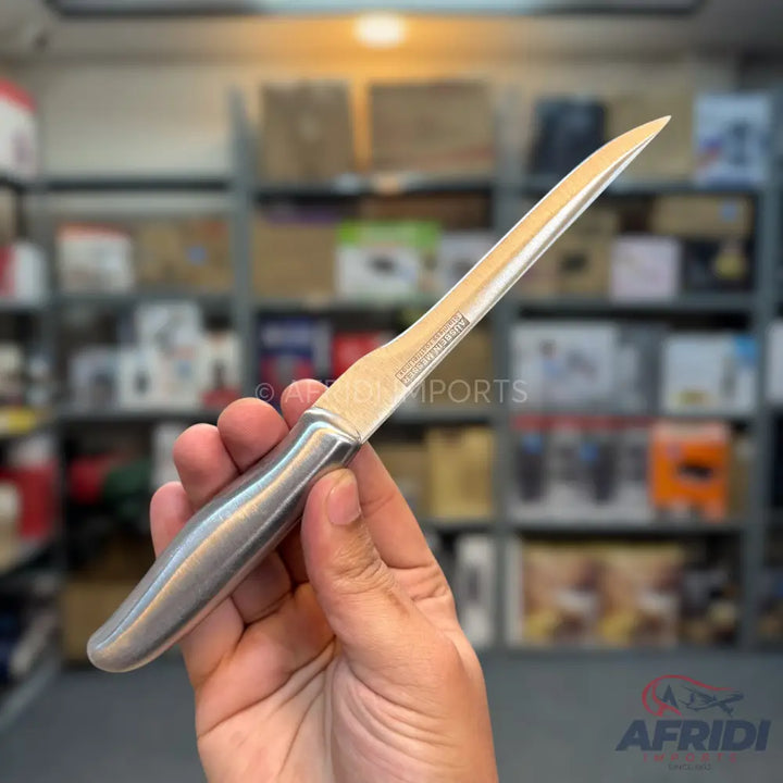 A stainless steel boning knife with a slender, pointed blade and a metallic handle.