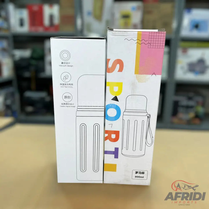 Two white boxes for ’Sport’ water bottles, each featuring an outline drawing of a bottle and design features.