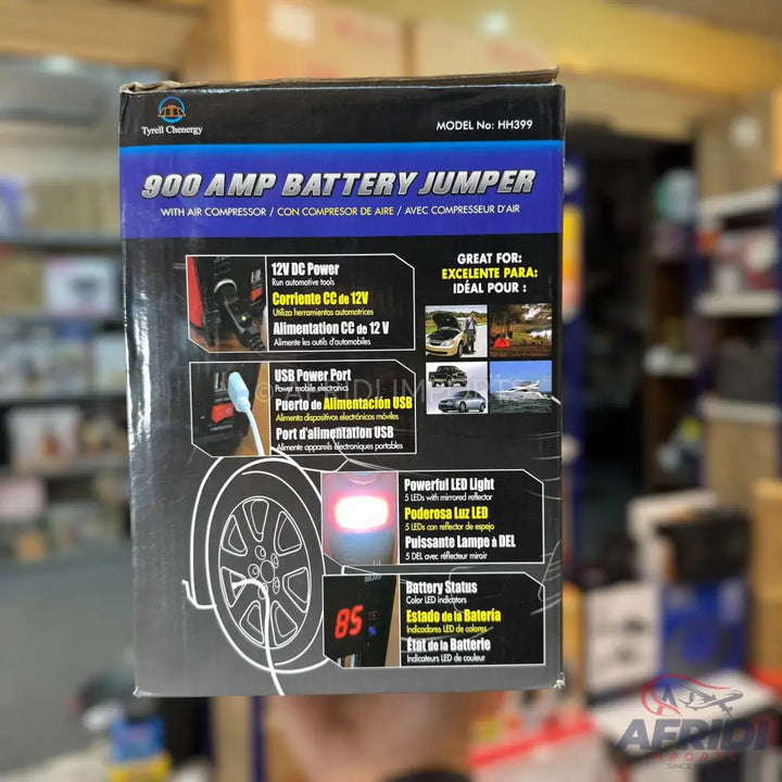A 900 amp battery jumper with an air compressor, 12V DC power, USB port, powerful LED light, and battery status display.