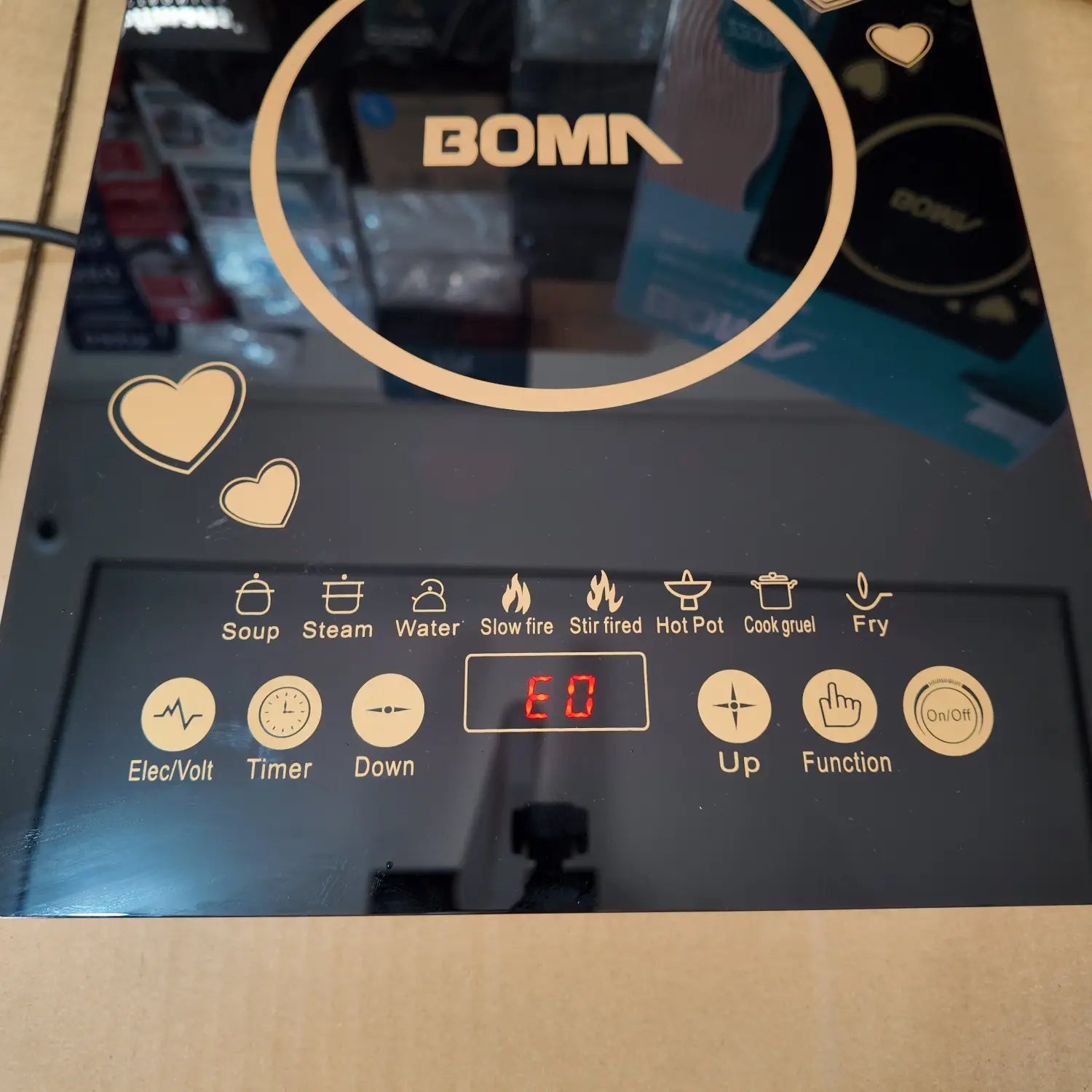 Imported German Lot Boma Induction Cooker BM-K9 with black surface and decorative gold hearts