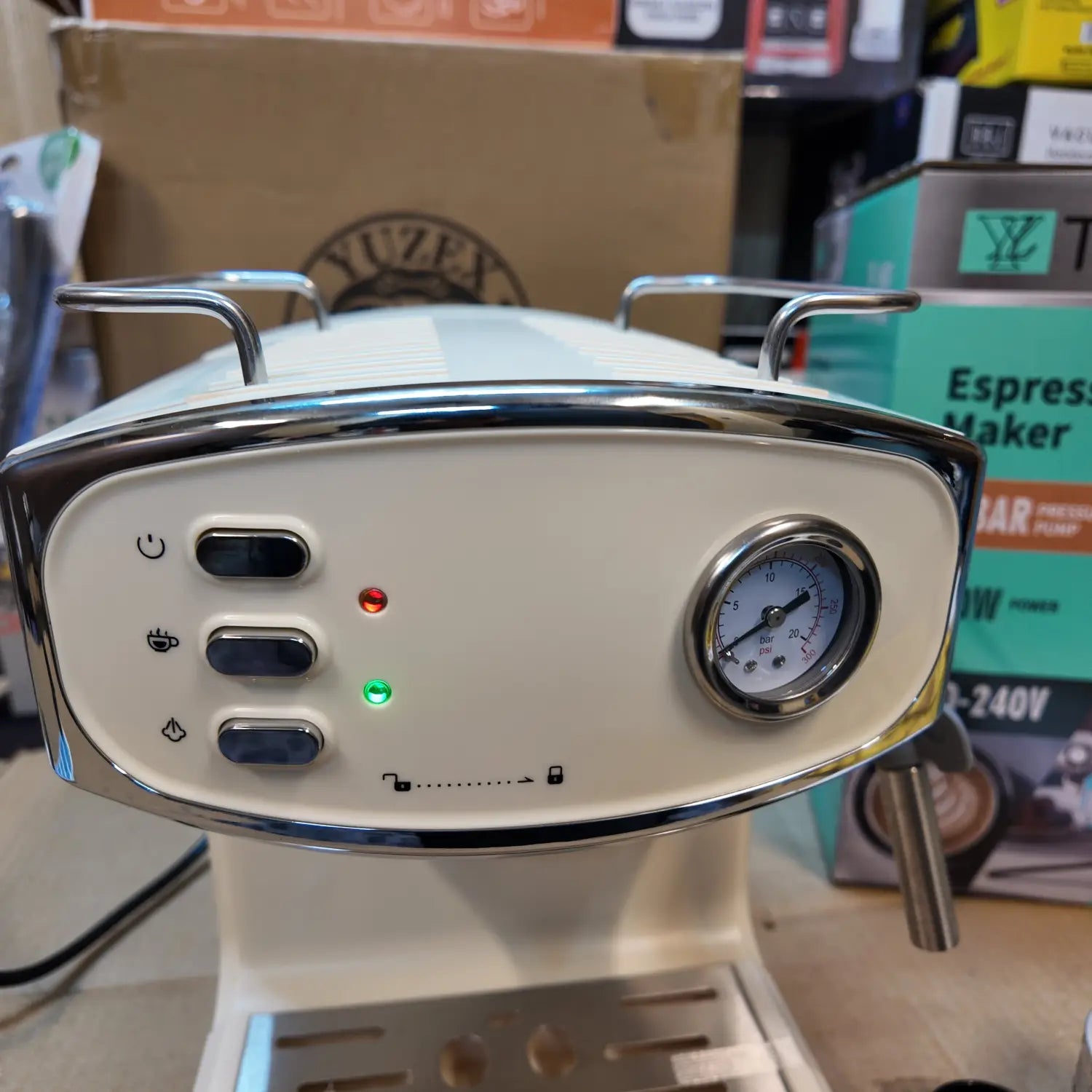 Cream-colored Tiffany Analog Espresso Maker with pressure gauge and control buttons for optimal brewing
