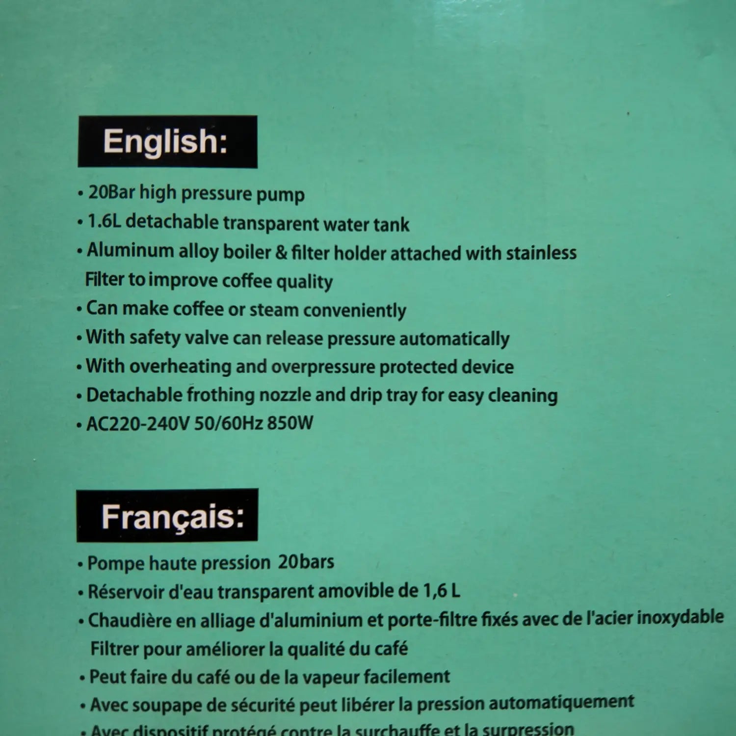 Product description for the cream-colored Tiffany Analog Espresso Maker with bilingual features