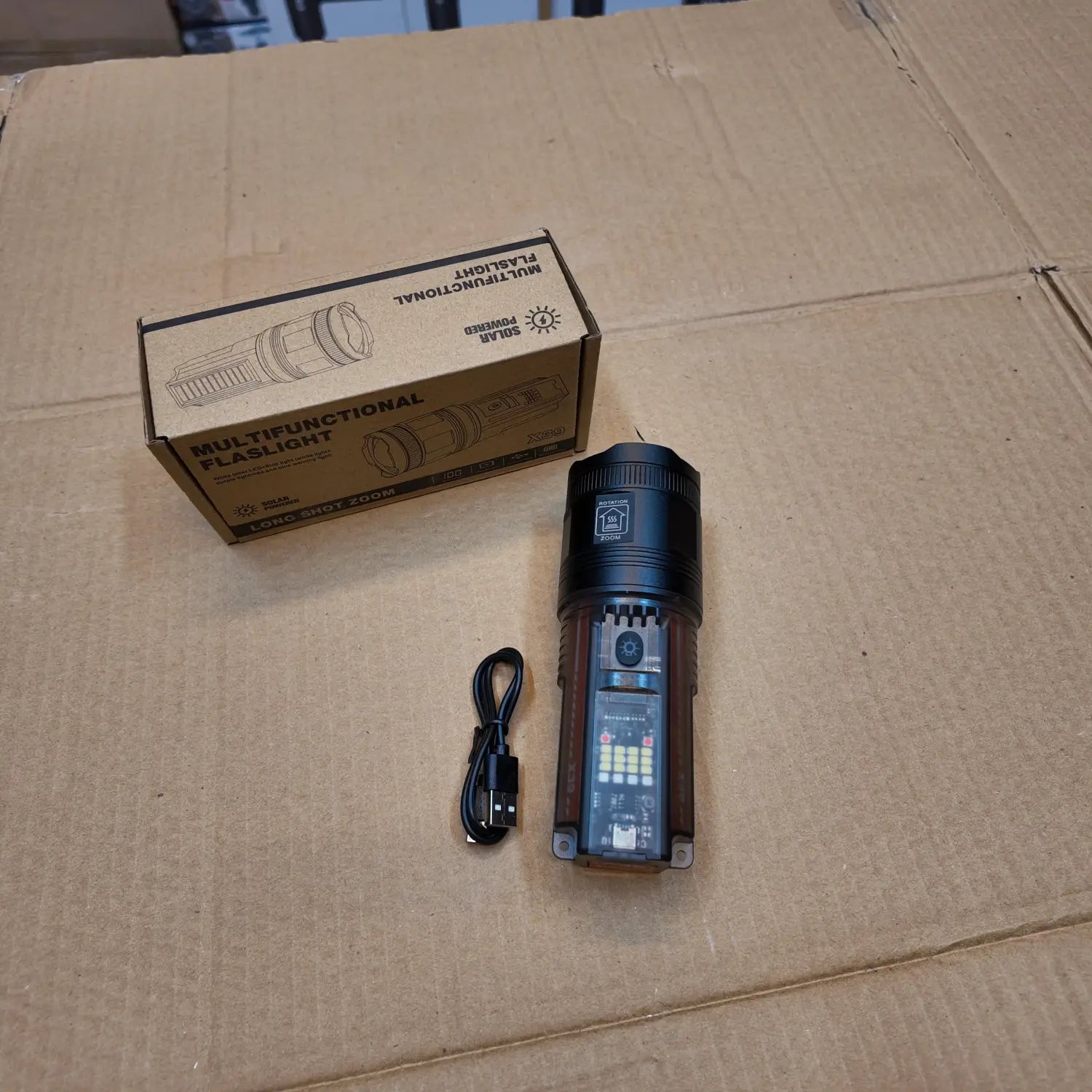 Black and brown Lot Imported Multifunctional Flashlight X39 with charging cable and retail box
