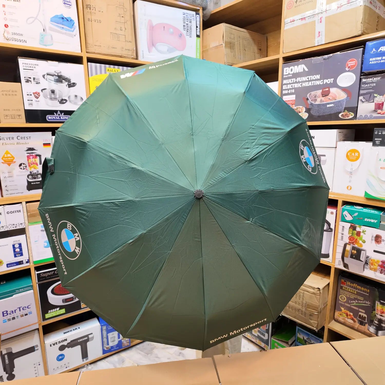Dark green BMW Motorsport branded lot imported folding windproof umbrella for easy portability