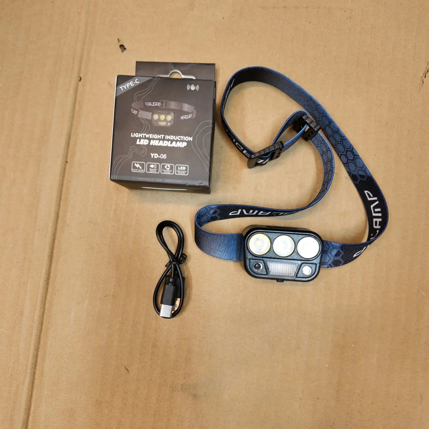 Black LED headlamp with blue strap, USB-C cable, retail box, Lot Imported Motion Sensor YD-06