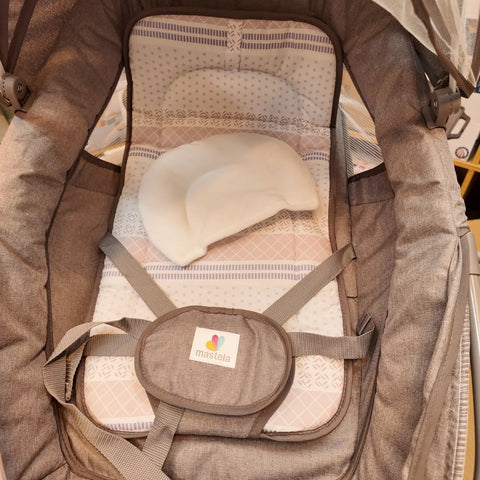 Beige imported Mastela Electric Baby Swing with patterned insert and five-point harness