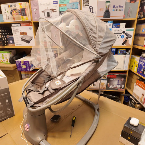 Grey baby bouncer with mosquito net and safety straps, part of the imported Mastela Electric Baby Swing series.