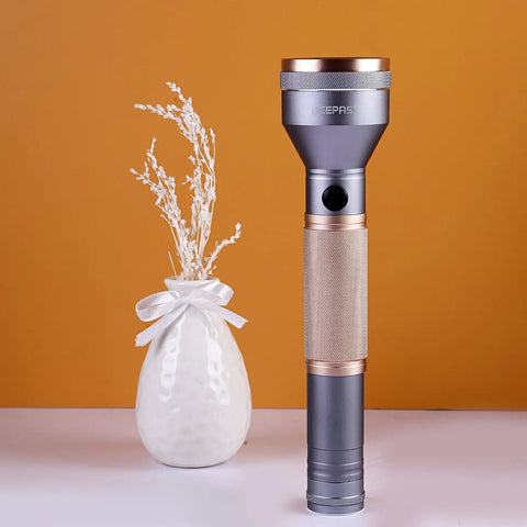 Gray and gold metallic Geepas VIP Series flashlight with textured grip and warranty