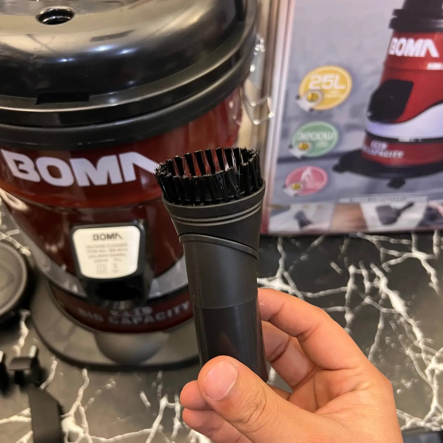 Black and red Boma vacuum cleaner with brush attachment, part of imported German Lot 25L Turbo series