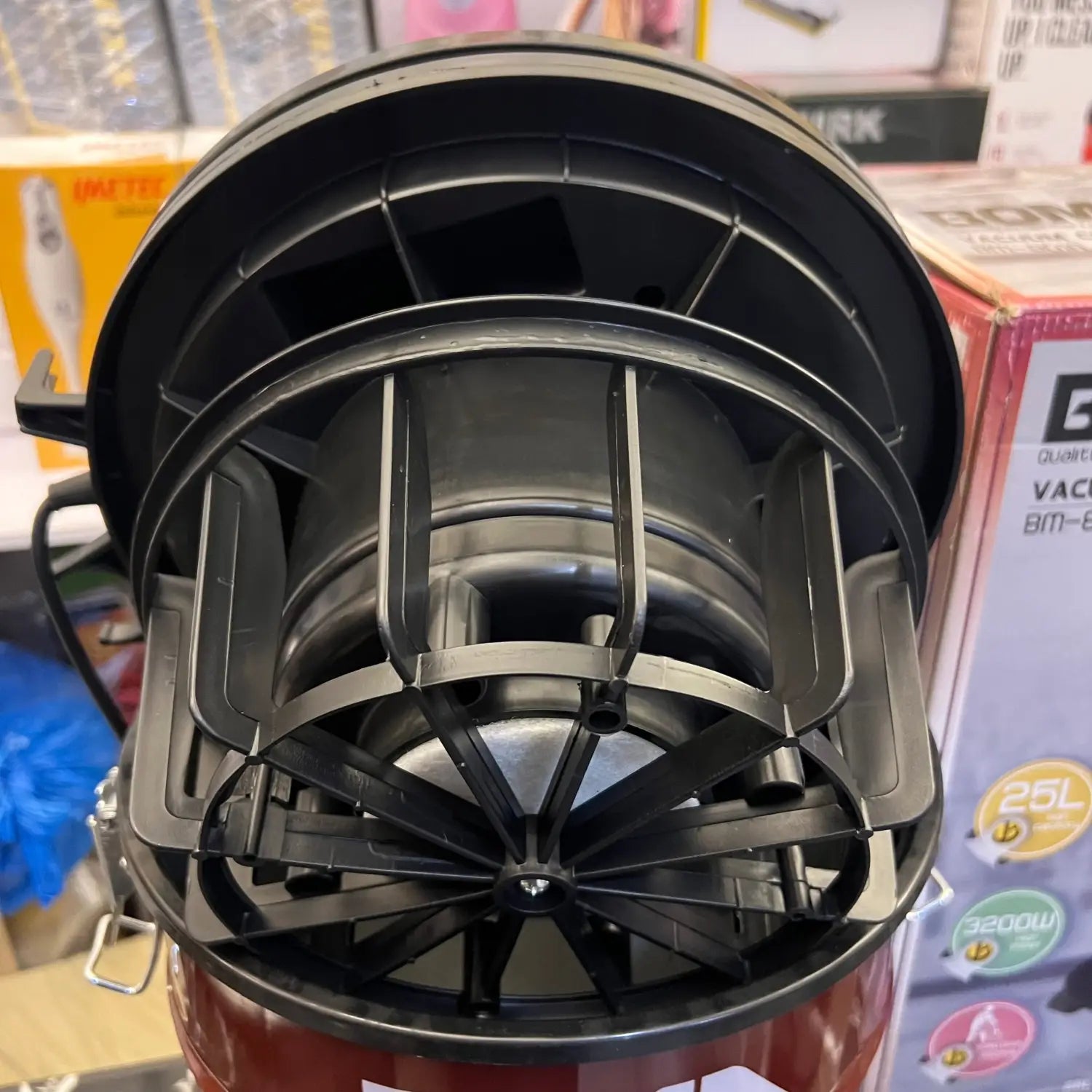 Imported German Lot Boma 25L Turbo Vacuum Cleaner with black and red design and exposed fan