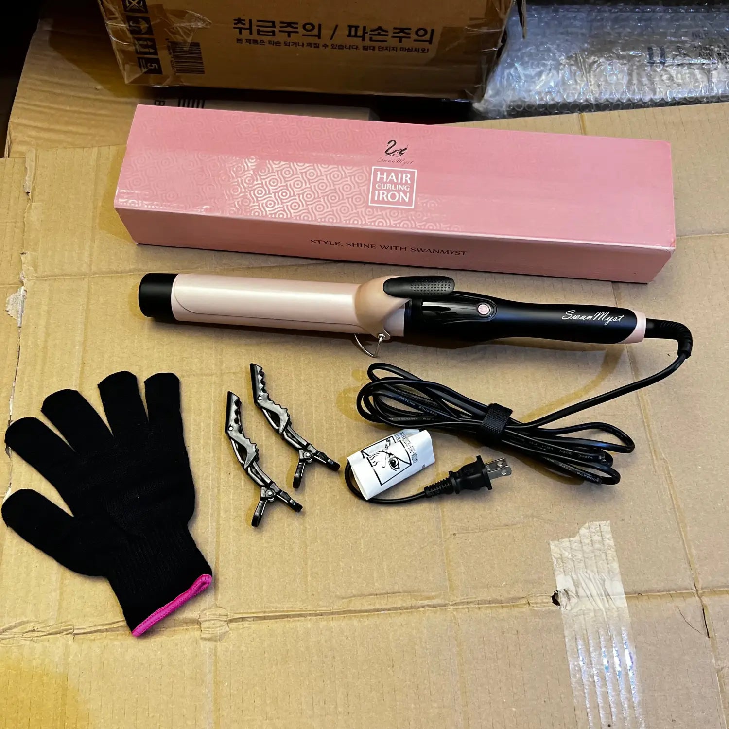 Pink and black hair curling iron with accessories for imported SwanMyst hair curler iron