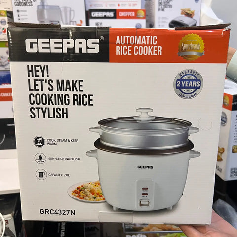 White Geepas automatic rice cooker with steamer basket and 2-year warranty