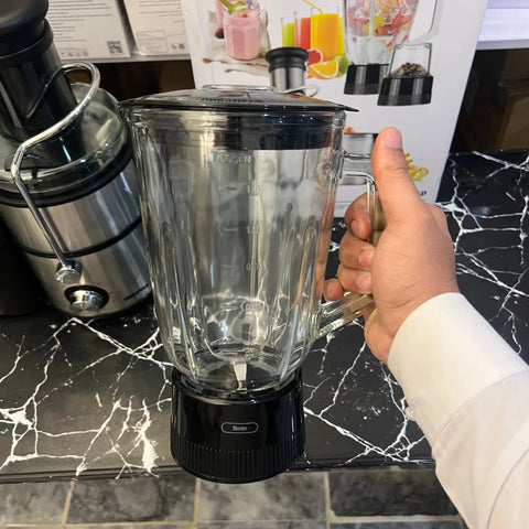Clear glass blender jar with black base and lid for Geepas Power Plus 4-in-1 Juicer Blender with warranty