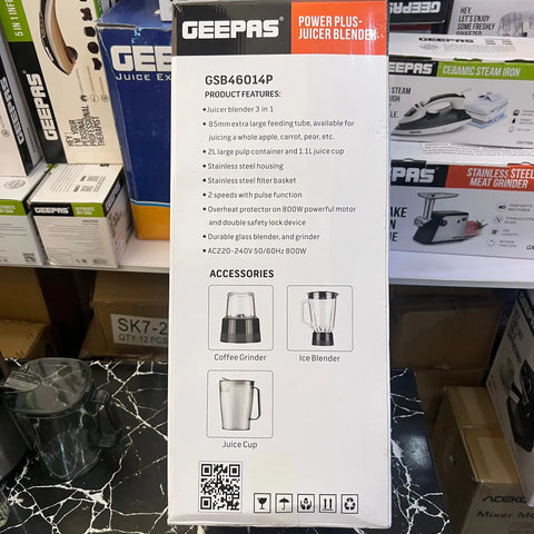 Geepas Power Plus 4-in-1 Juicer Blender with warranty, stainless steel, large feeding tube