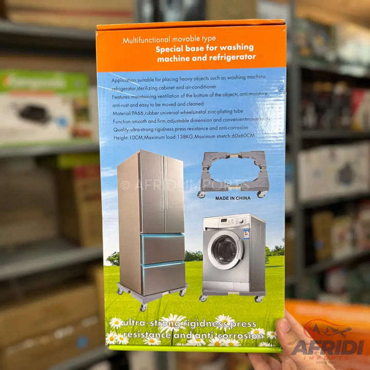 A multi-functional movable base for washing machines and refrigerators with adjustable dimensions, strong rigidity, and corrosion resistance.